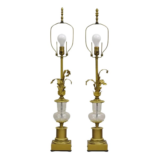 Vintage French Louis XV Style Brass & Crystal Urn Table Lamps - A Pair For Sale