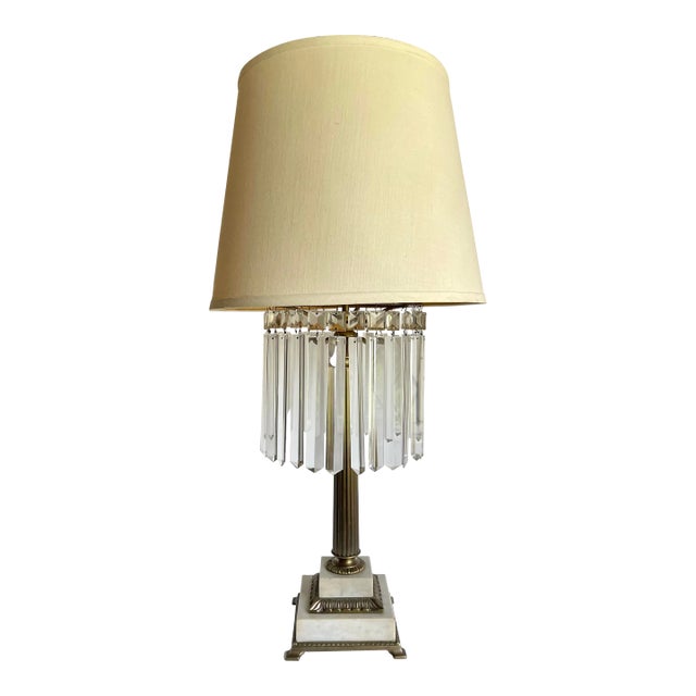 1950s Hollywood Regency Crystal Brass and Marble Statement Lamp For Sale