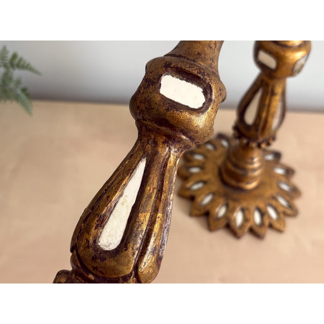 Spanish Florentine Candlesticks - Mirrored Wood, Gilt Gold, Vintage Candle Holders For Sale - Image 6 of 10