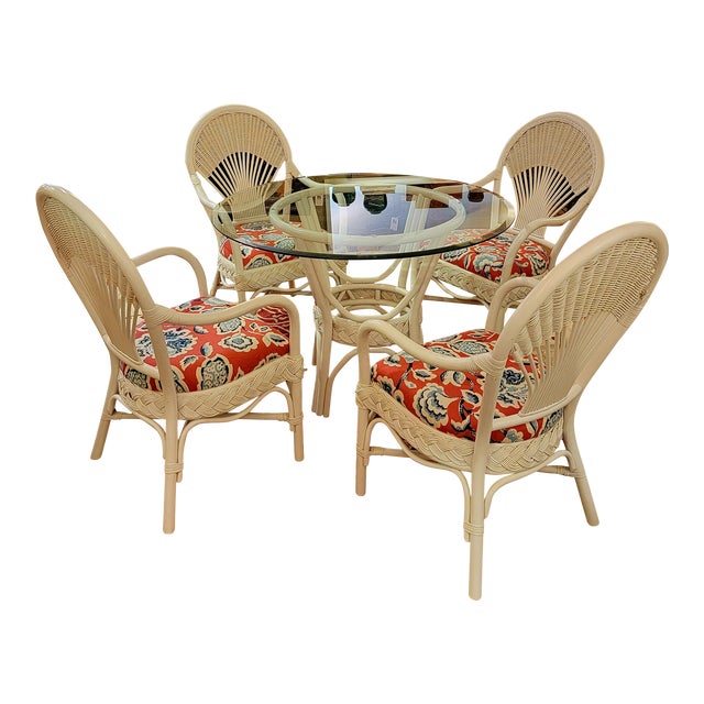 White Wicker Dining Table Set With Four Armchairs Chairish