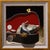 This artwork features a whimsical scene inside a guitar case, where a small bird perches among coins and rolled-up bills....