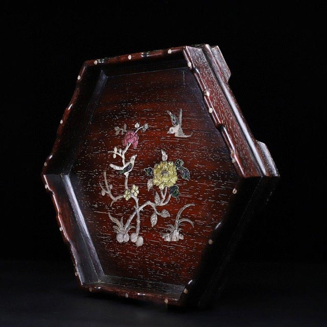 Late 20th Century Hexagonal Wood Tray With Mother-of-Pearl Bird and Floral Inlay For Sale - Image 4 of 10