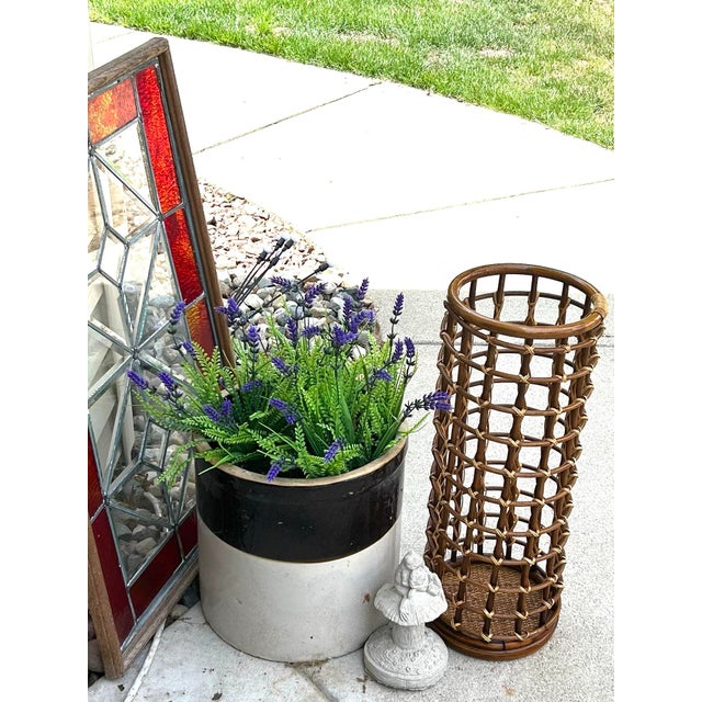 Vintage, Cylindrical, Woven, Bamboo, Rattan and Wicker, Umbrella Stand, in the Style of Audoux and Minet, 1950’s For Sale - Image 4 of 8