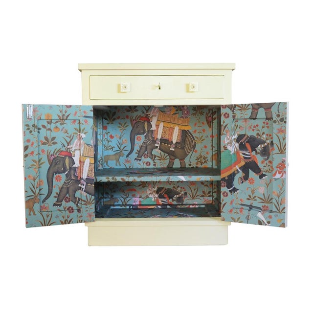 Antique wood cabinet/cupboard restyled on exterior with paisley motif high-relief vinyl wallpaper découpage, ivory acrylic...