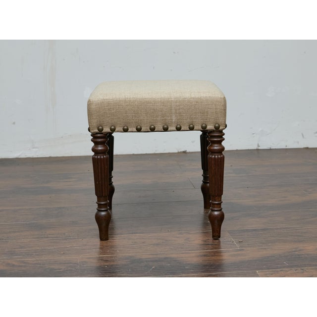 English Mahogany 19th Century Stool with Turned Legs and Custom Linen Upholstery For Sale - Image 9 of 12