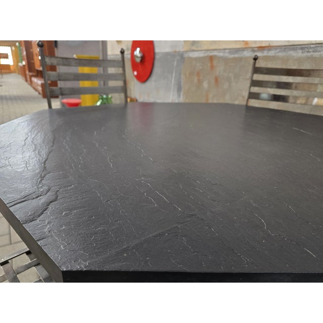 Metal French Minimalist Dining Chairs and Slate Table, 1978, Set of 5 For Sale - Image 7 of 18
