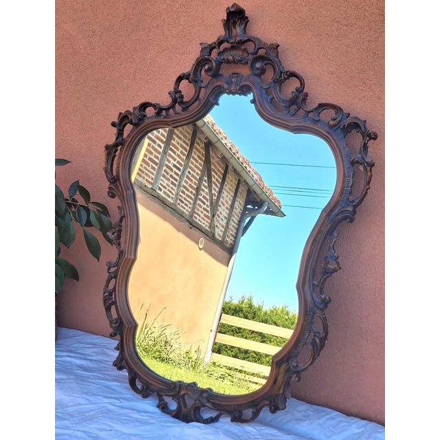 Wood Large Louis XV Wall Mirror in Rocaille Carved Wood, 19th Century For Sale - Image 7 of 7