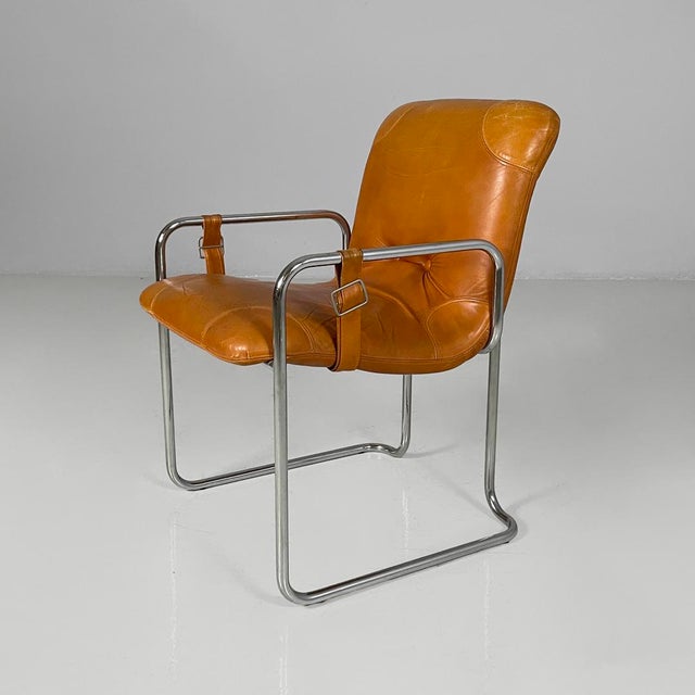 Metal Italian Modern Brown Leather and Metal Chairs from Guido Faleschini, 1970s, Set of 4 For Sale - Image 7 of 18