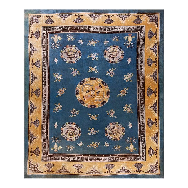 Royal Blue Background With Great Asymmetric Pattern and Allover-Medallion Design Antique Chinese Peking Rug For Sale