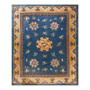 Royal Blue Background With Great Asymmetric Pattern and Allover-Medallion Design Antique Chinese Peking Rug