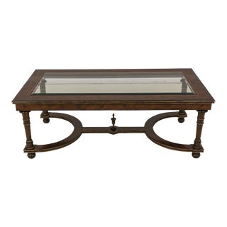 Maitland Smith Regency Style Walnut Glass Top Coffee Table For Sale
