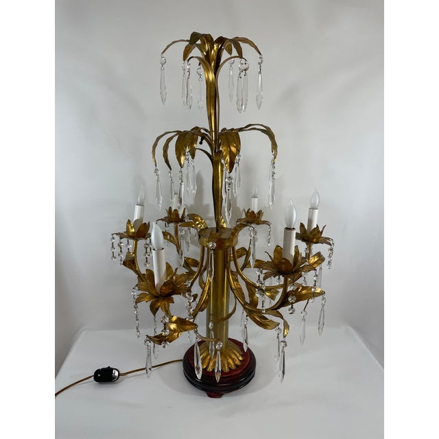 Mid 20th Century Italian Gilt Tole and Crystals Electric Candelabra Lamp For Sale - Image 4 of 18