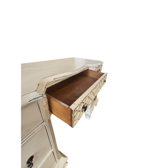 White Distressed French Country Gustavian Style Vanity & Matching Scroll Mirror For Sale - Image 4 of 11