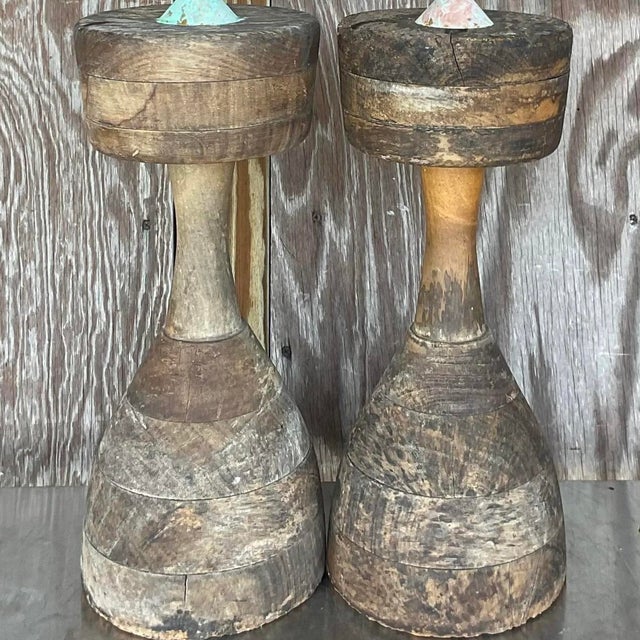 Coffee Vintage Rustic Sculptural Turned Wood Table Lamps, Pair For Sale - Image 8 of 14