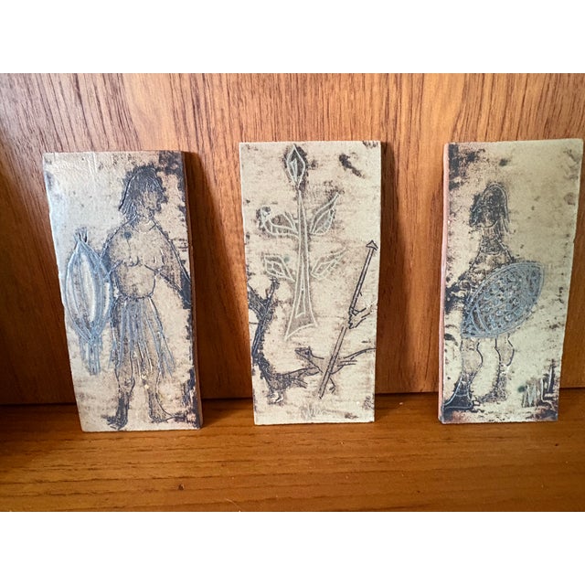 Vintage Figural Triptych Tile Plaques | Primitive Warrior Motif, Hand-Rendered, Signed For Sale - Image 9 of 10