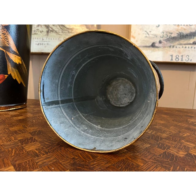 Vintage English Planter Jardiniere Urn Fish Decoupage Black Tole Lodge Décor For Sale - Image 17 of 18