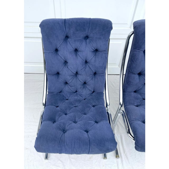 Mid-Century Modern Pair of 1970's Blue Tufted Modern Chrome Lounge Side Chairs For Sale - Image 3 of 12