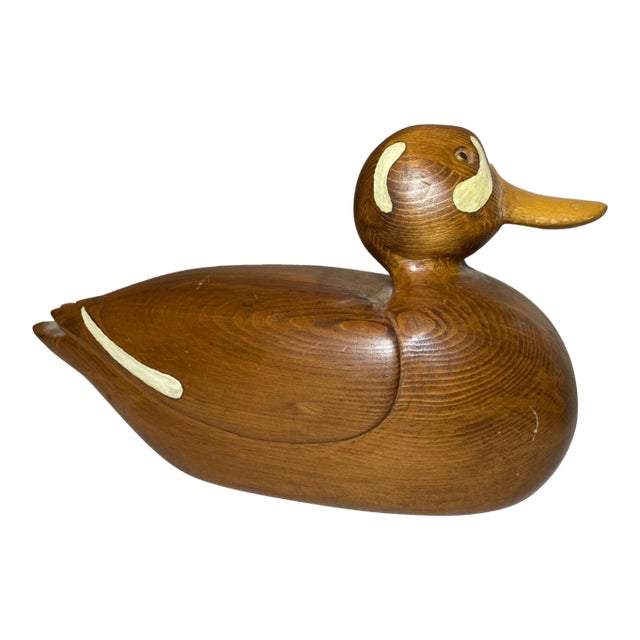 Vintage 1986 Charles Bruno Carved Wood Folk Art Duck Decoy Bird Sculpture Statue For Sale