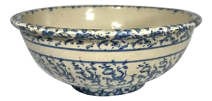 Antique Spongeware Mixing Bowl: Blue Banded Stoneware, 19th Century Americana