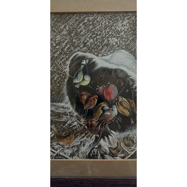19th Century Gouache Water Color Painting Wintering Birds in Snow For Sale - Image 6 of 6