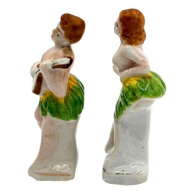 Mid-Century Modern 1950s Hawaiian Hula Girl & Native Male Ceramic Statue Pair by Okada China For Sale - Image 3 of 6