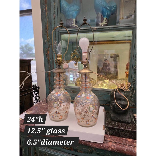 Pair of Antique Cut and enameled Bohemian Glass decanters that have been made into lamps. These are not drilled and...