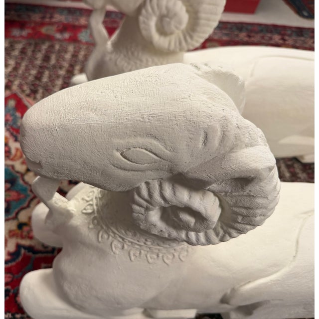 Egyptian Revival Two Headed Ram Carved Wood Sculptures Covered in White Plaster - A Pair For Sale - Image 4 of 5