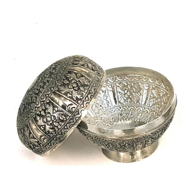Indonesian Repoussé Silver Globular Vessels with Lids, Set of 5 For Sale - Image 5 of 6