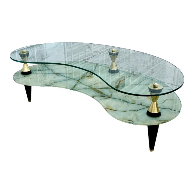 Italian 1950s Two-Tier Kidney Shape Glass & Faux Marble Coffee Table For Sale