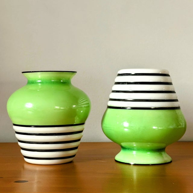 Art Deco Green & White Glass Vase Duo | Art Deco For Sale - Image 3 of 12