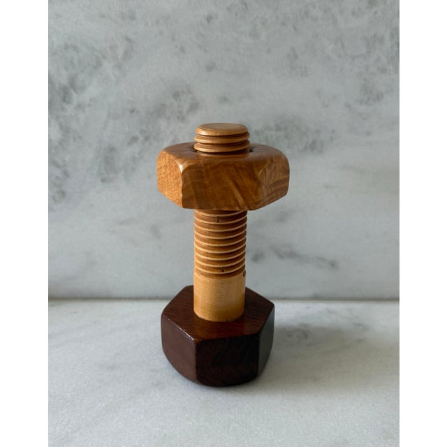 Handmade wooden screw and nut functional sculpture. Lovely curiosity to be displayed on a bookshelf or coffee table.