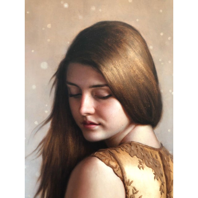 Twilight by Beth Sistrunk | Oil on panel Portrait of a woman in a golden dress with a serene expression. For Sale - Image 9 of 10