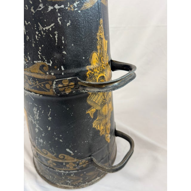 Antique English Tole Coal Helmet Scuttle, Beldray, Gilt Cherub Medallion, 24in For Sale - Image 9 of 13