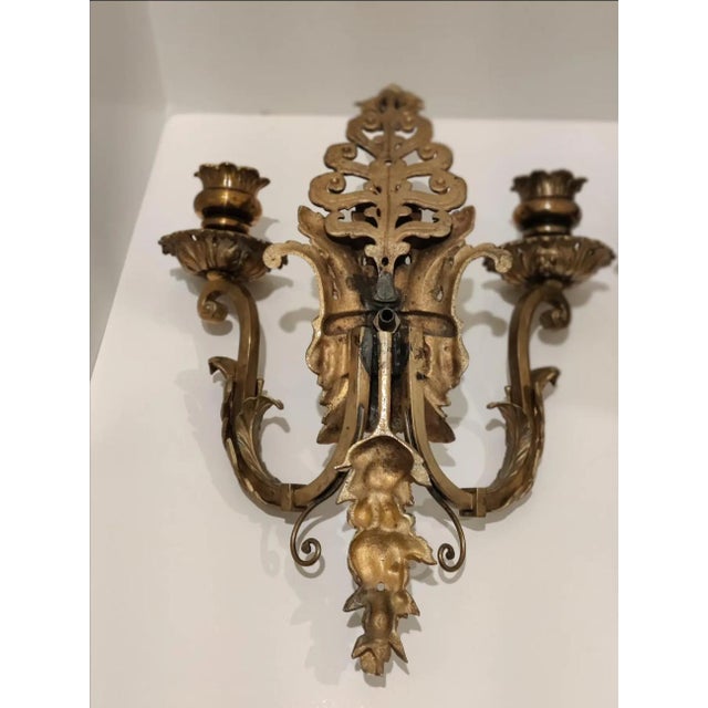 Gold Mid 20th Century Ornate Italian Double Arm Acanthus Leaf Wall Sconces- A Pair For Sale - Image 8 of 13