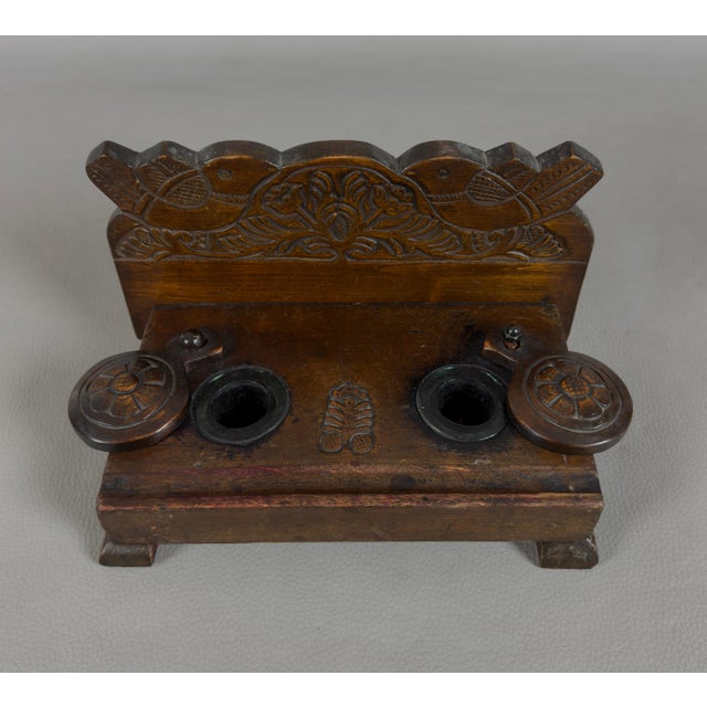 Mid 20th Century Vintage Double Inkwell Desk in Carved Wood with Glass Trays, 1940s For Sale - Image 5 of 12