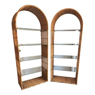Vintage Wicker Etageres in the Manner of Danny Ho Fong for Tropi-Cal - A Pair For Sale