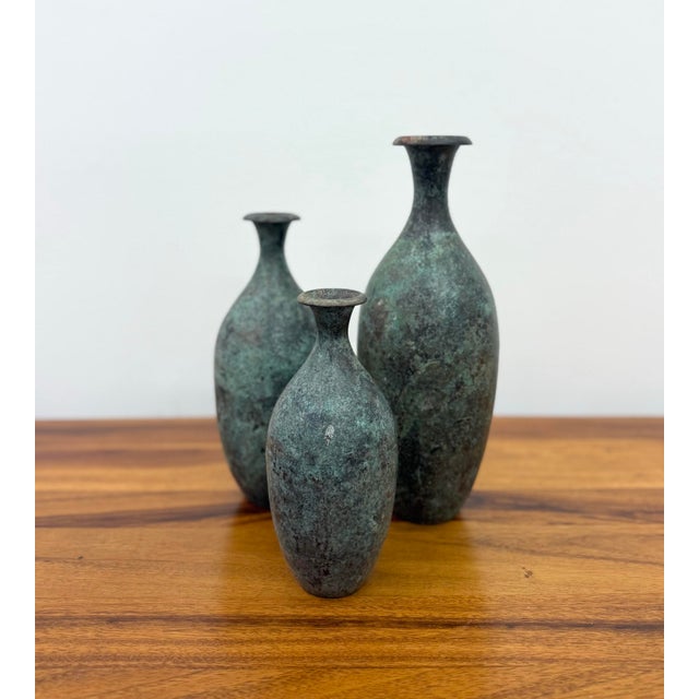 Vintage Bronze Verdigris Vases - Set of 3 For Sale - Image 4 of 5