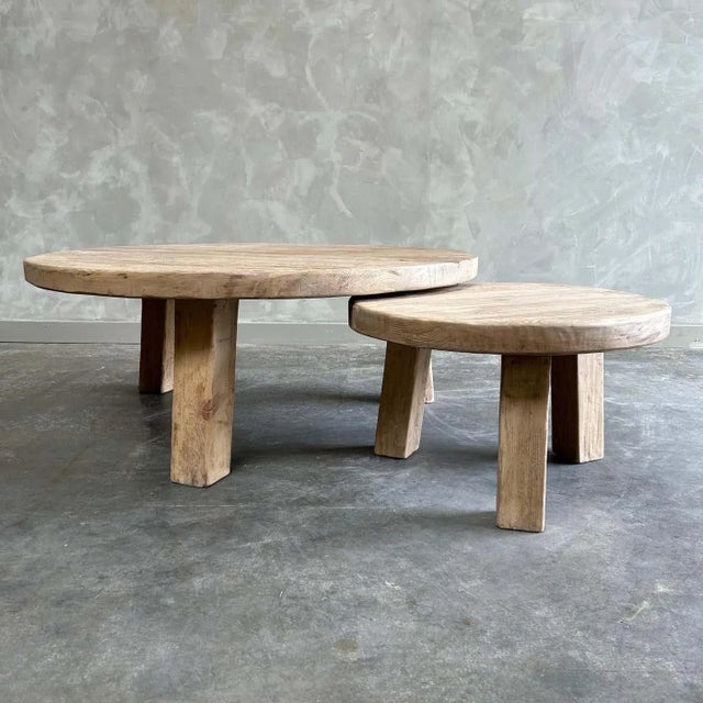 Solid Round Reclaimed Elm Wood 2-Piece Nesting Coffee Table Set For Sale - Image 4 of 8