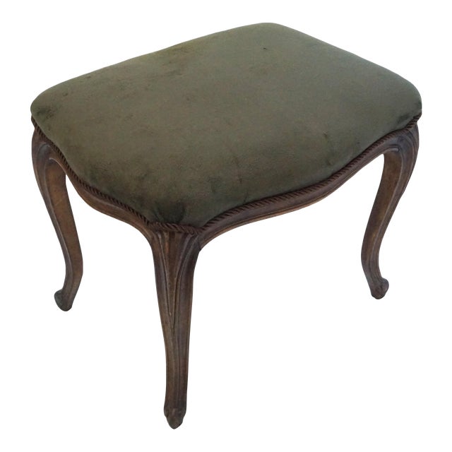 Mid 20th Century Vintage Low Stool French Louis XV Style Bench Green Velvet Carved Wood For Sale