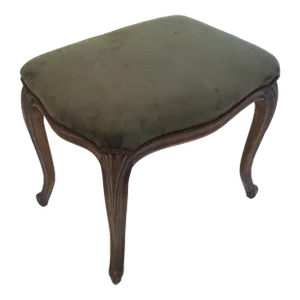 Mid 20th Century Vintage Low Stool French Louis XV Style Bench Green Velvet Carved Wood