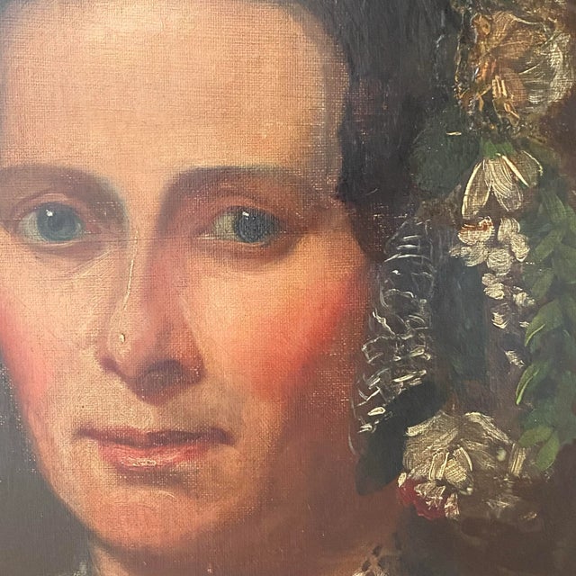 American Antique 19th Century American Folk Portrait of Woman in Lace Cap, Original Oil on Canvas For Sale - Image 3 of 12