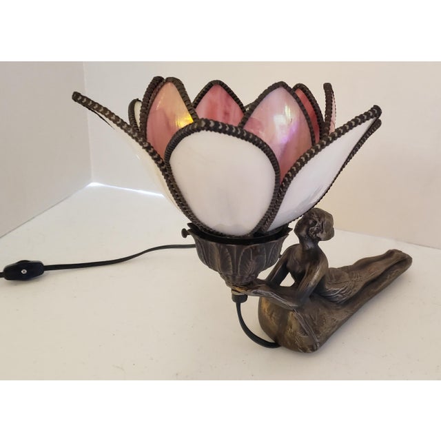 Metal Early 20th Century Art Deco Figural Nude Sculptural Bronze Lotus Lamp For Sale - Image 7 of 10