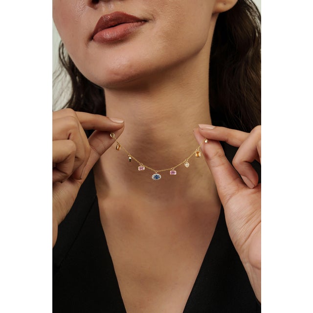 Navy Blue 1.63ct Mixed Shape Rainbow Sapphire & Diamond Charm Necklace in 14k Yellow Gold For Sale - Image 8 of 14