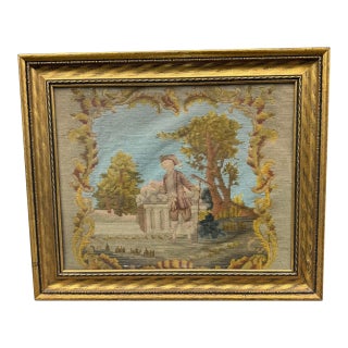 Antique Victorian Gilt Framed Scenic Landscape Needlepoint Tapestry With Boy For Sale