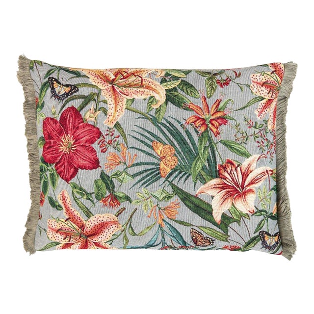 Tropical Flowers Tapestry Cushion With Grey Fringe With Feather Filler - 33x46cm (13"x18") For Sale