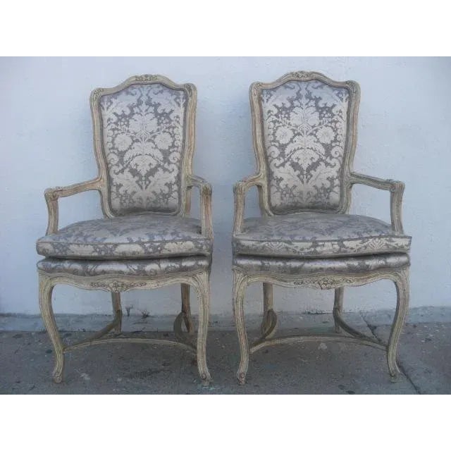 Mid 20th Century Damask Upholstered Vintage French Provincial Louis XV Armchairs- a Pair For Sale - Image 10 of 10