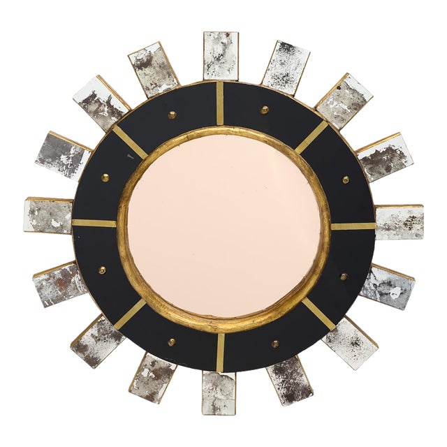 Spanish Modernist Sunburst Mirror in Giltwood, Black Glass and Brass, Circa 1990 For Sale