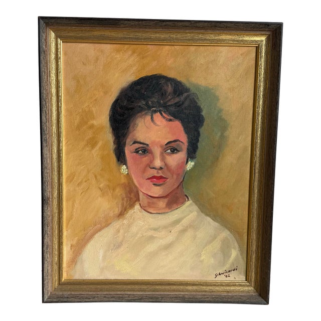 Vintage 1962 Signed Oil Portrait of an Elegant Young Woman For Sale