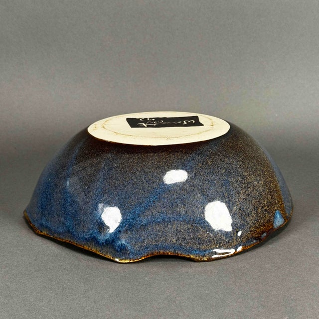 1990s Vintage 1992 Waight Studio Art Pottery Bowl Gold Indigo Lava Glaze For Sale - Image 5 of 12