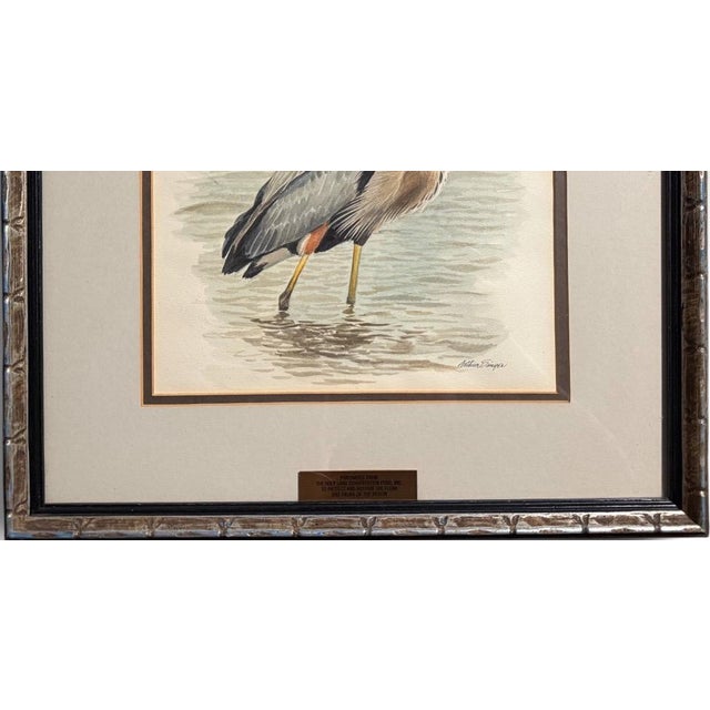 1970s 1970s Original Arthur Singer Watercolor Painting Great Blue Heron Signed and Framed For Sale - Image 5 of 10
